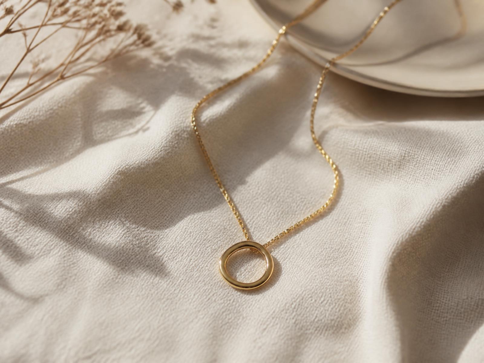 A fine gold circle-pendant necklace resting on softly folded ivory linen in daylight