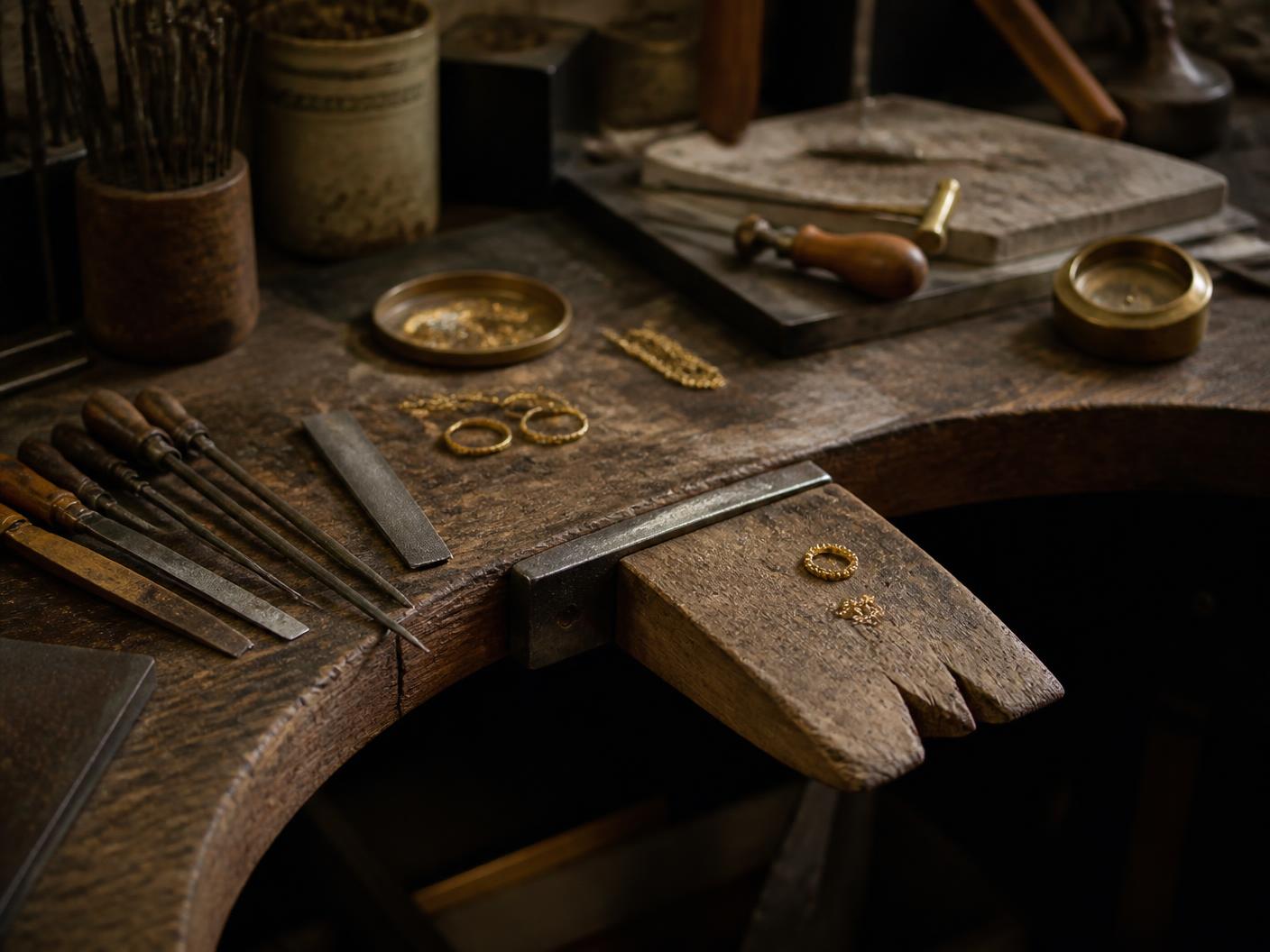 A jeweller's wooden workbench with hand files, a bench pin and small gold components under warm light